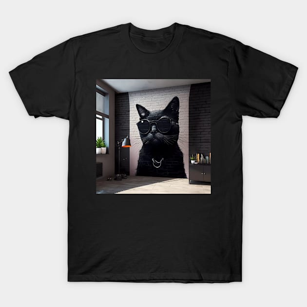 Ai generated black cat wearing sunglasses, painted onto a wall, Expressive Art Sticker T-Shirt by MeatLuvers